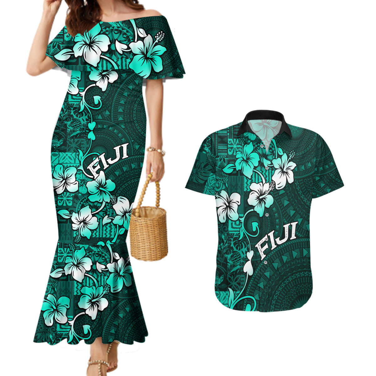 Fiji Masi Couples Matching Mermaid Dress and Hawaiian Shirt Fijian Hibiscus Tapa Turquoise Version LT01 Turquoise - Polynesian Pride