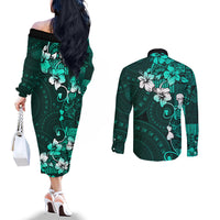 Fiji Masi Couples Matching Off The Shoulder Long Sleeve Dress and Long Sleeve Button Shirt Fijian Hibiscus Tapa Turquoise Version LT01 - Polynesian Pride