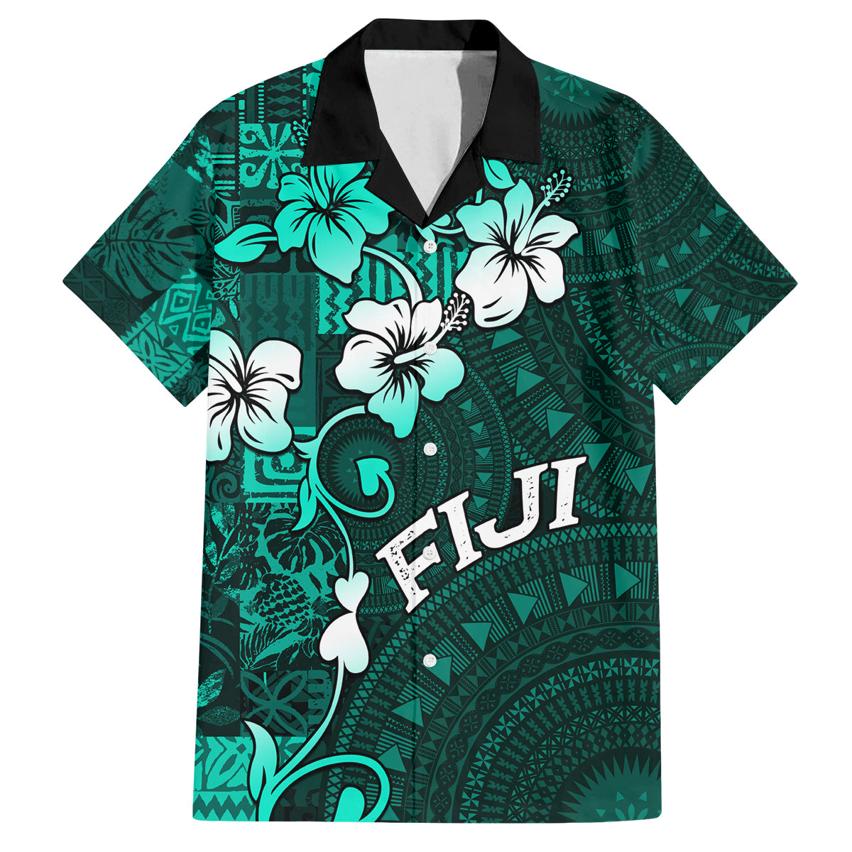 Fiji Masi Family Matching Puletasi Dress and Hawaiian Shirt Fijian Hibiscus Tapa Turquoise Version LT01 Dad's Shirt - Short Sleeve Turquoise - Polynesian Pride