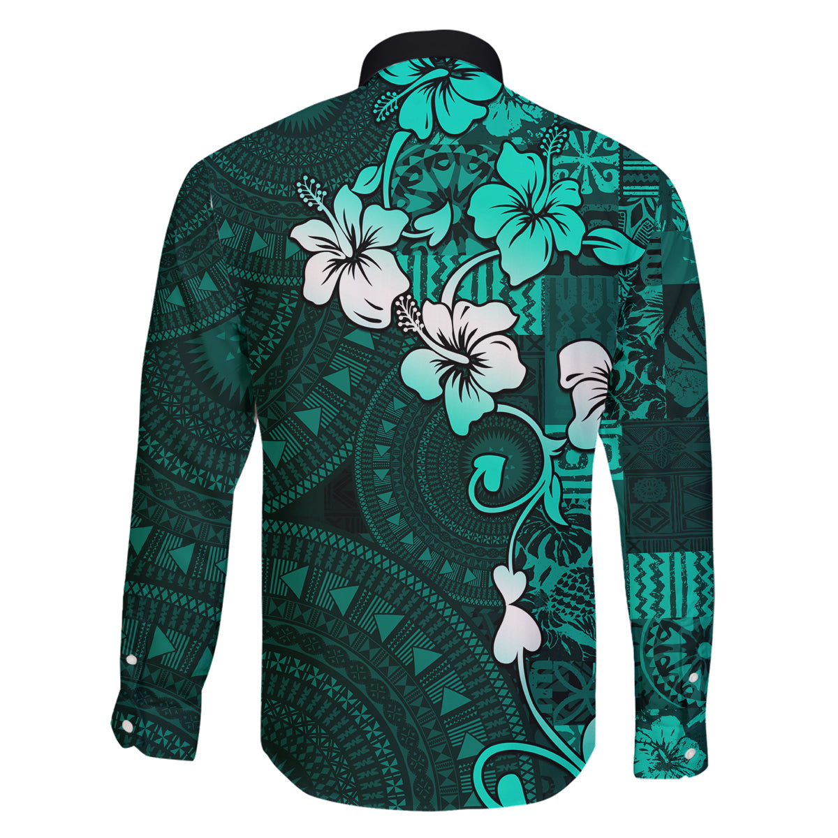 Fiji Masi Family Matching Tank Maxi Dress and Hawaiian Shirt Fijian Hibiscus Tapa Turquoise Version LT01 - Polynesian Pride