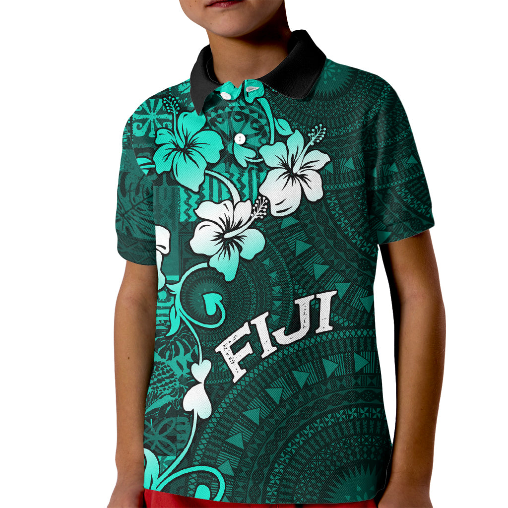 Fiji Masi Kid Polo Shirt Fijian Hibiscus Tapa Turquoise Version LT01 Kid Turquoise - Polynesian Pride