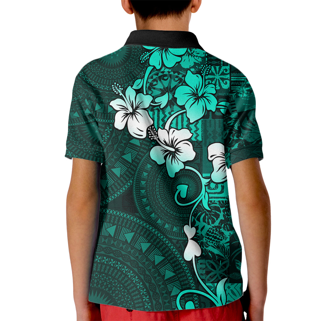 Fiji Masi Kid Polo Shirt Fijian Hibiscus Tapa Turquoise Version LT01 - Polynesian Pride