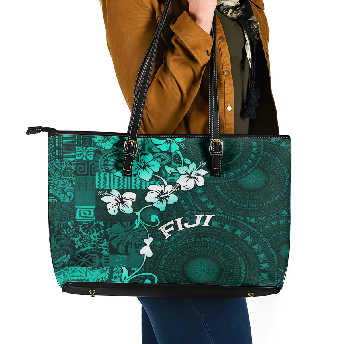 Fiji Masi Leather Tote Bag Fijian Hibiscus Tapa Turquoise Version LT01 - Polynesian Pride