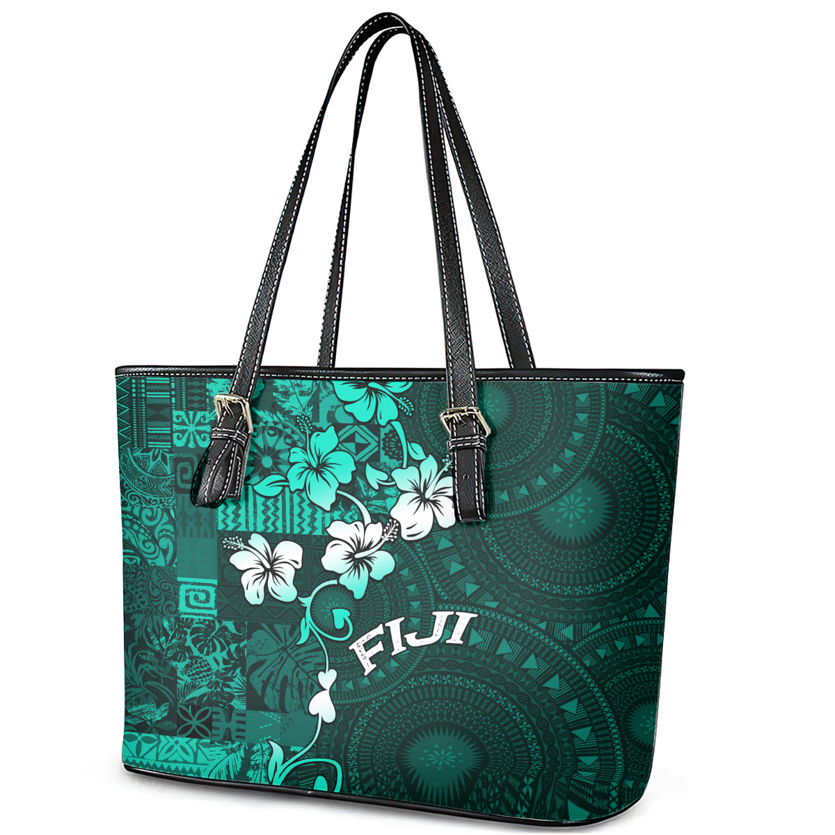 Fiji Masi Leather Tote Bag Fijian Hibiscus Tapa Turquoise Version LT01 - Polynesian Pride