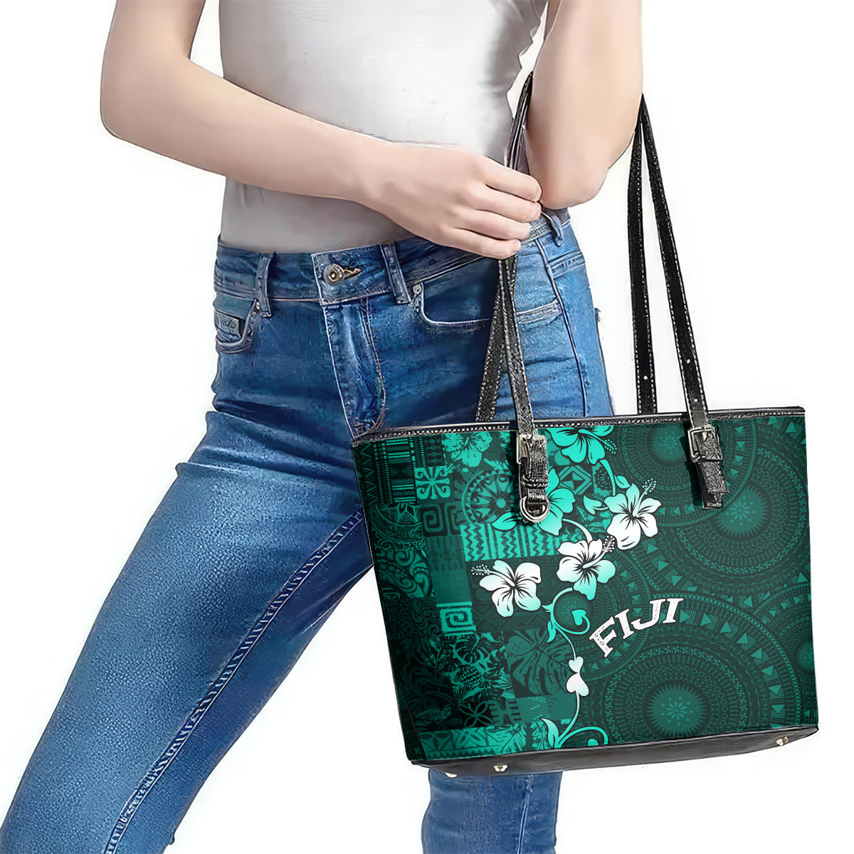 Fiji Masi Leather Tote Bag Fijian Hibiscus Tapa Turquoise Version LT01 - Polynesian Pride