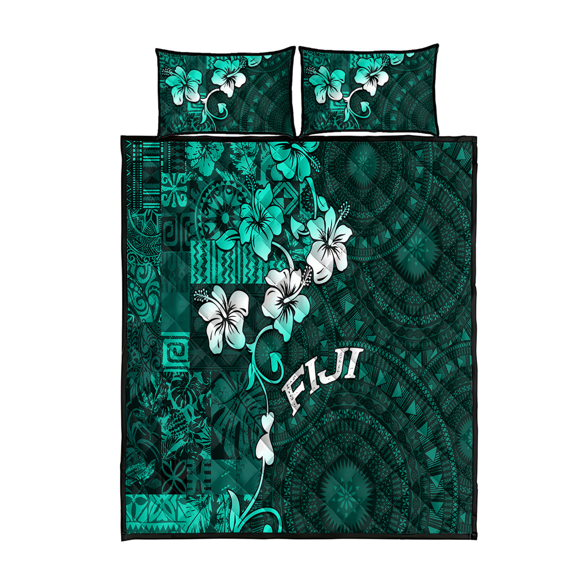 Fiji Masi Quilt Bed Set Fijian Hibiscus Tapa Turquoise Version LT01 Turquoise - Polynesian Pride