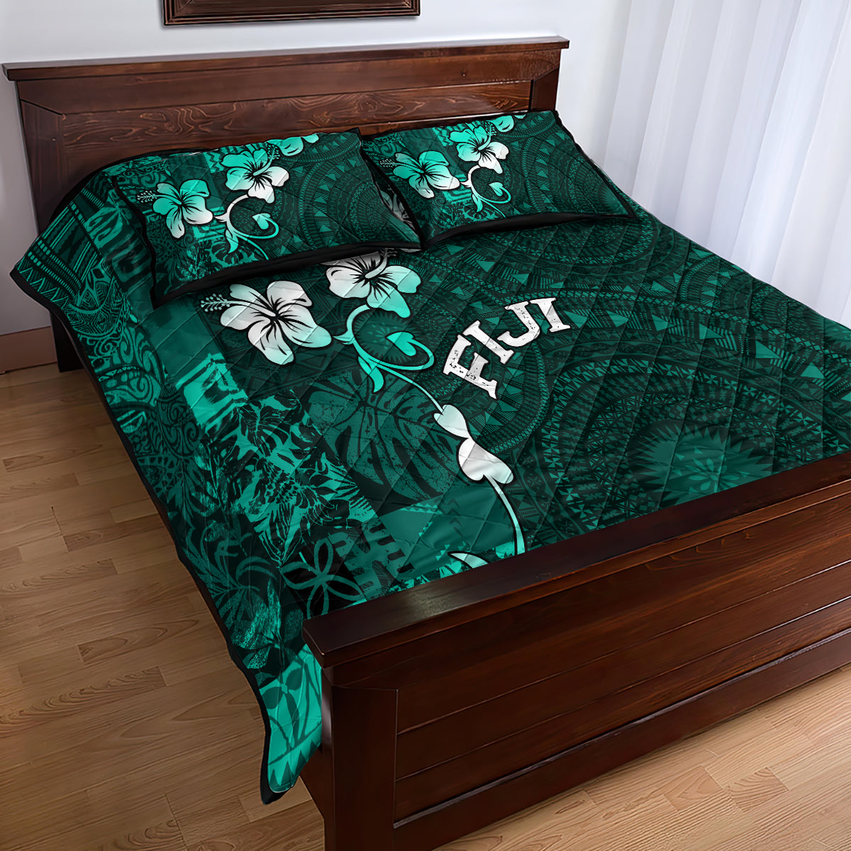 Fiji Masi Quilt Bed Set Fijian Hibiscus Tapa Turquoise Version LT01 - Polynesian Pride