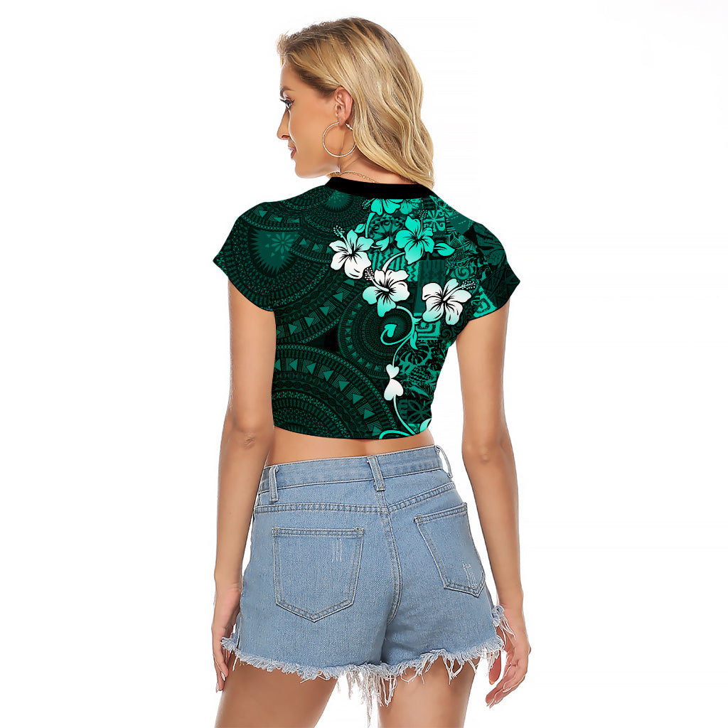 Fiji Masi Raglan Cropped T Shirt Fijian Hibiscus Tapa Turquoise Version LT01 - Polynesian Pride