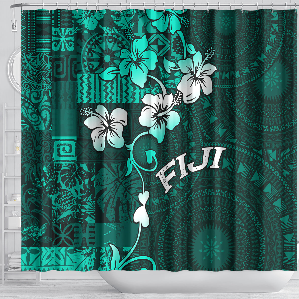Fiji Masi Shower Curtain Fijian Hibiscus Tapa Turquoise Version LT01 - Polynesian Pride