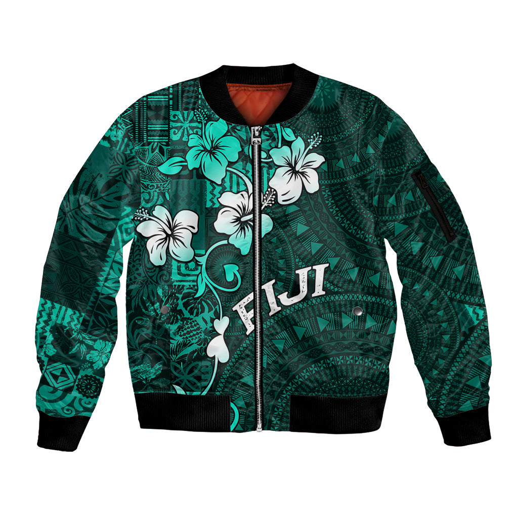 Fiji Masi Sleeve Zip Bomber Jacket Fijian Hibiscus Tapa Turquoise Version LT01 Unisex Turquoise - Polynesian Pride