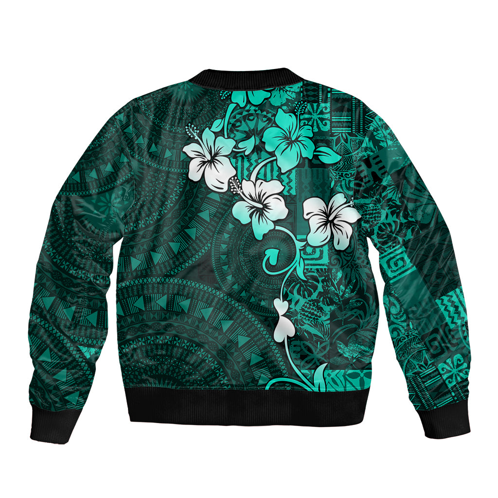 Fiji Masi Sleeve Zip Bomber Jacket Fijian Hibiscus Tapa Turquoise Version LT01 - Polynesian Pride