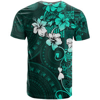Fiji Masi T Shirt Fijian Hibiscus Tapa Turquoise Version LT01 - Polynesian Pride