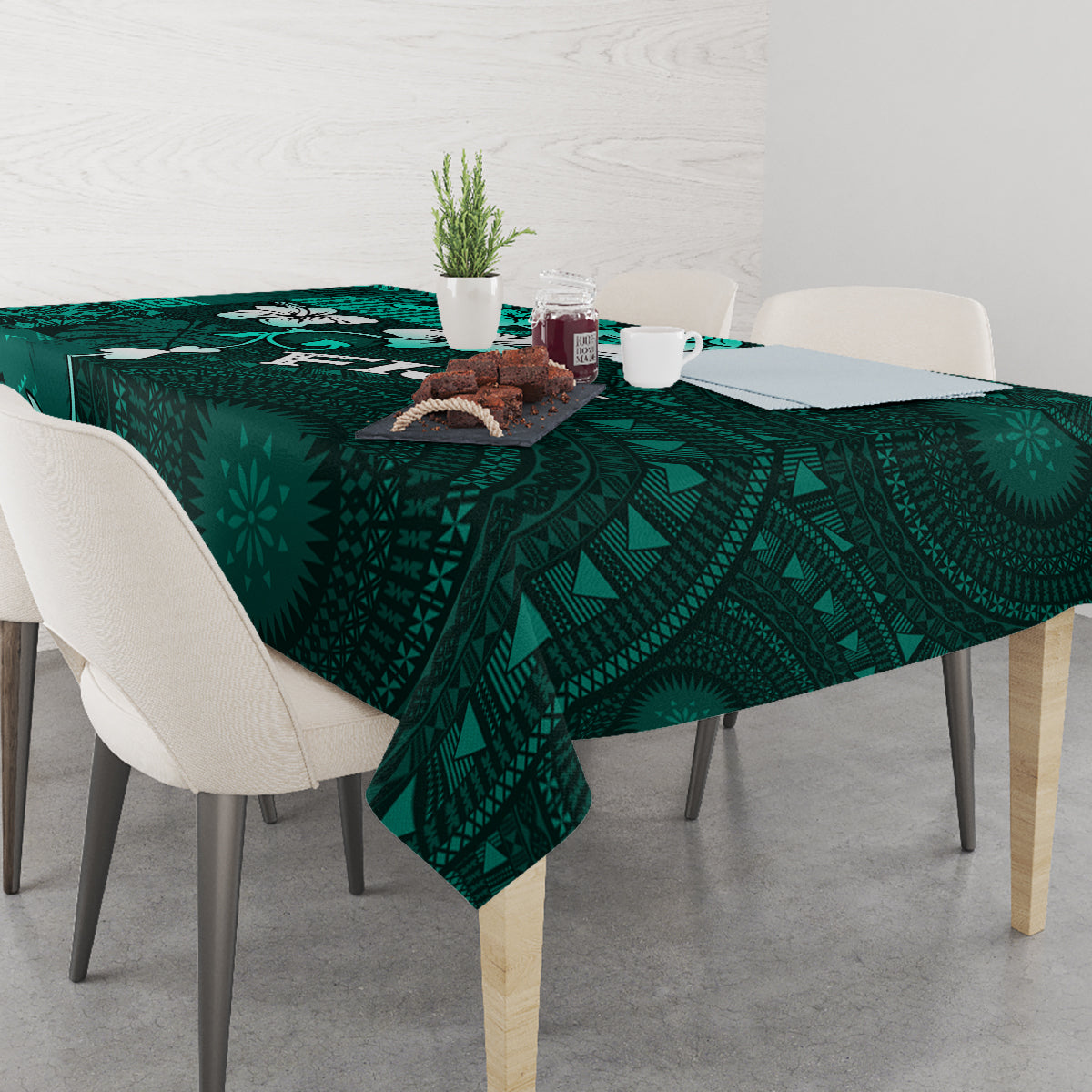 Fiji Masi Tablecloth Fijian Hibiscus Tapa Turquoise Version LT01 - Polynesian Pride