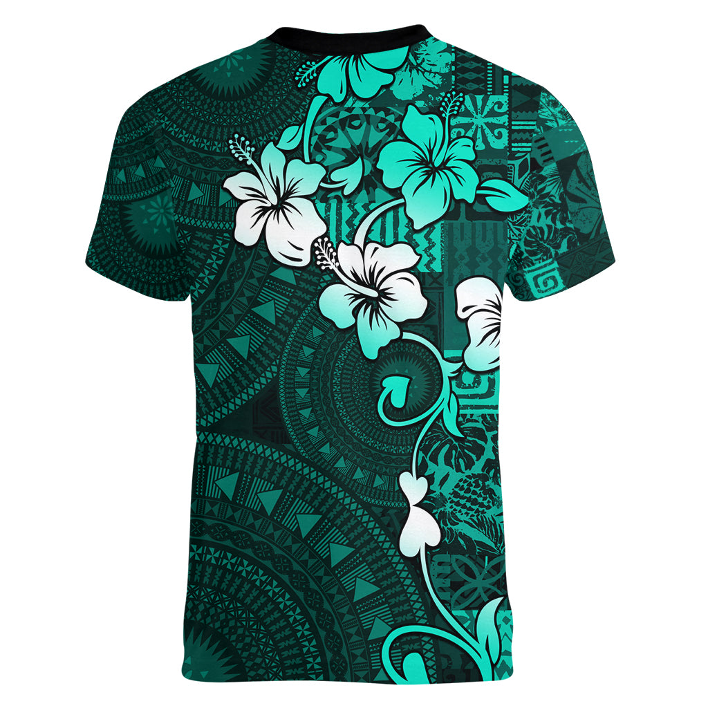 Fiji Masi Women V Neck T Shirt Fijian Hibiscus Tapa Turquoise Version LT01 - Polynesian Pride