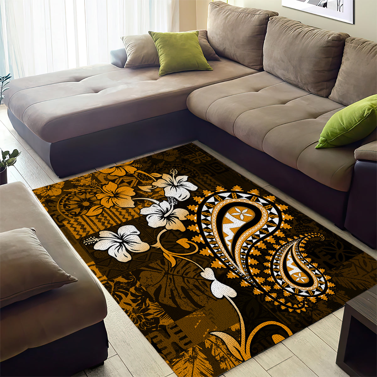Fiji Masi Paisley With Hibiscus Tapa Area Rug Gold Version LT01 - Polynesian Pride
