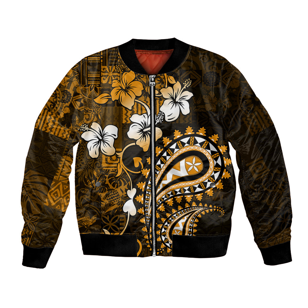 Fiji Masi Paisley With Hibiscus Tapa Bomber Jacket Gold Version LT01 Unisex Gold - Polynesian Pride