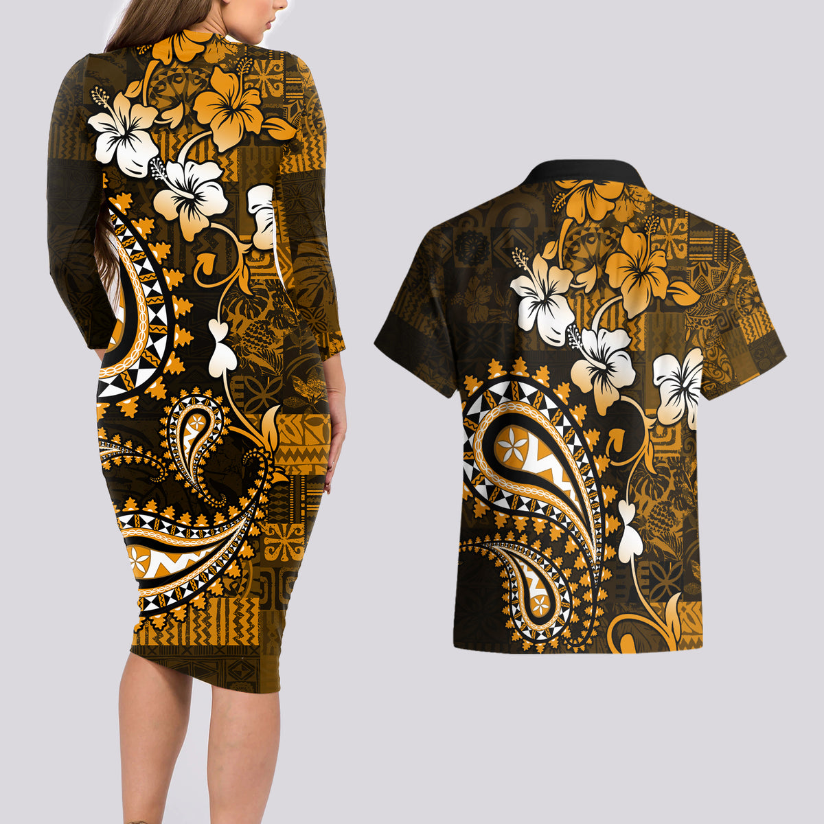 Fiji Masi Paisley With Hibiscus Tapa Couples Matching Long Sleeve Bodycon Dress and Hawaiian Shirt Gold Version LT01 - Polynesian Pride