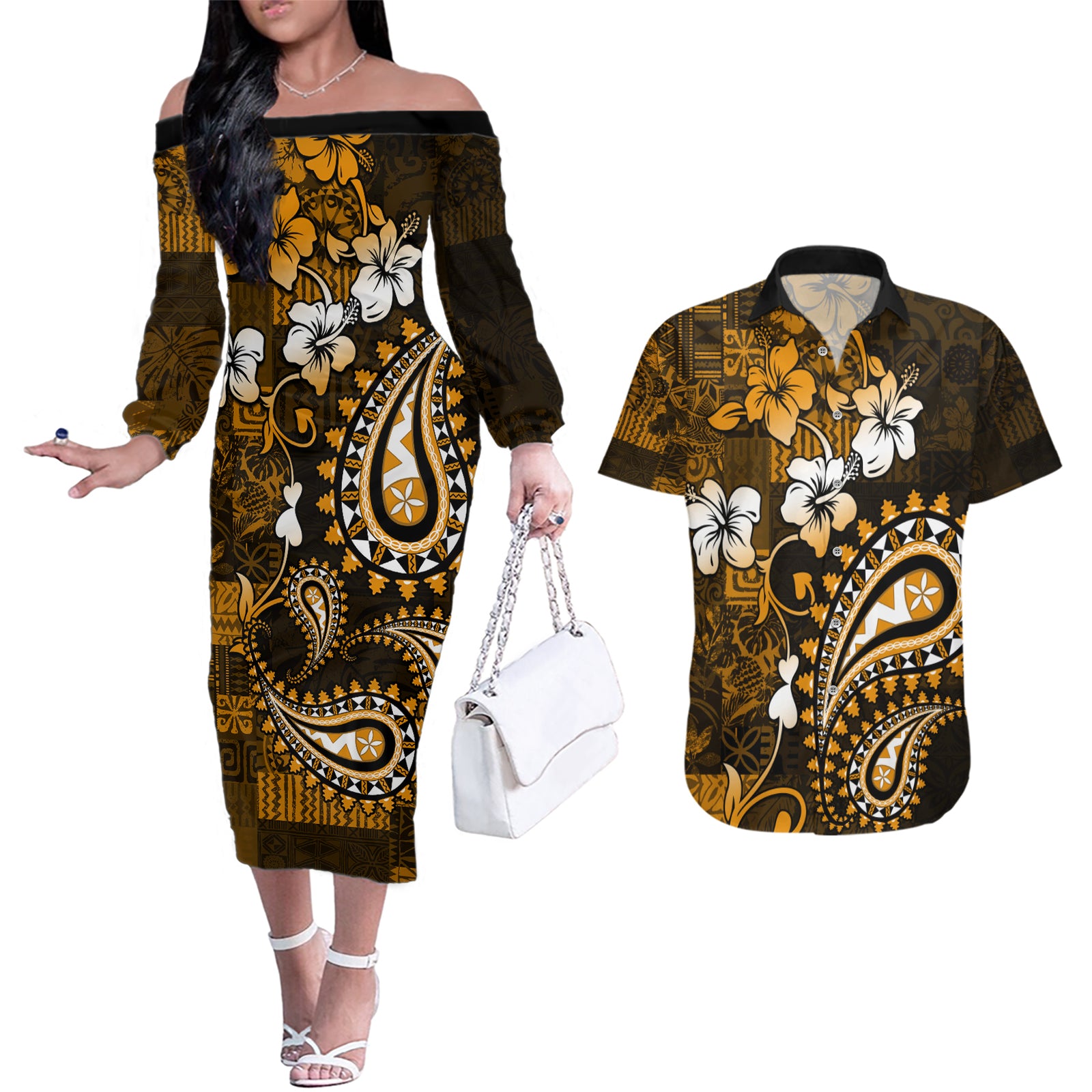 Fiji Masi Paisley With Hibiscus Tapa Couples Matching Off The Shoulder Long Sleeve Dress and Hawaiian Shirt Gold Version LT01 Gold - Polynesian Pride