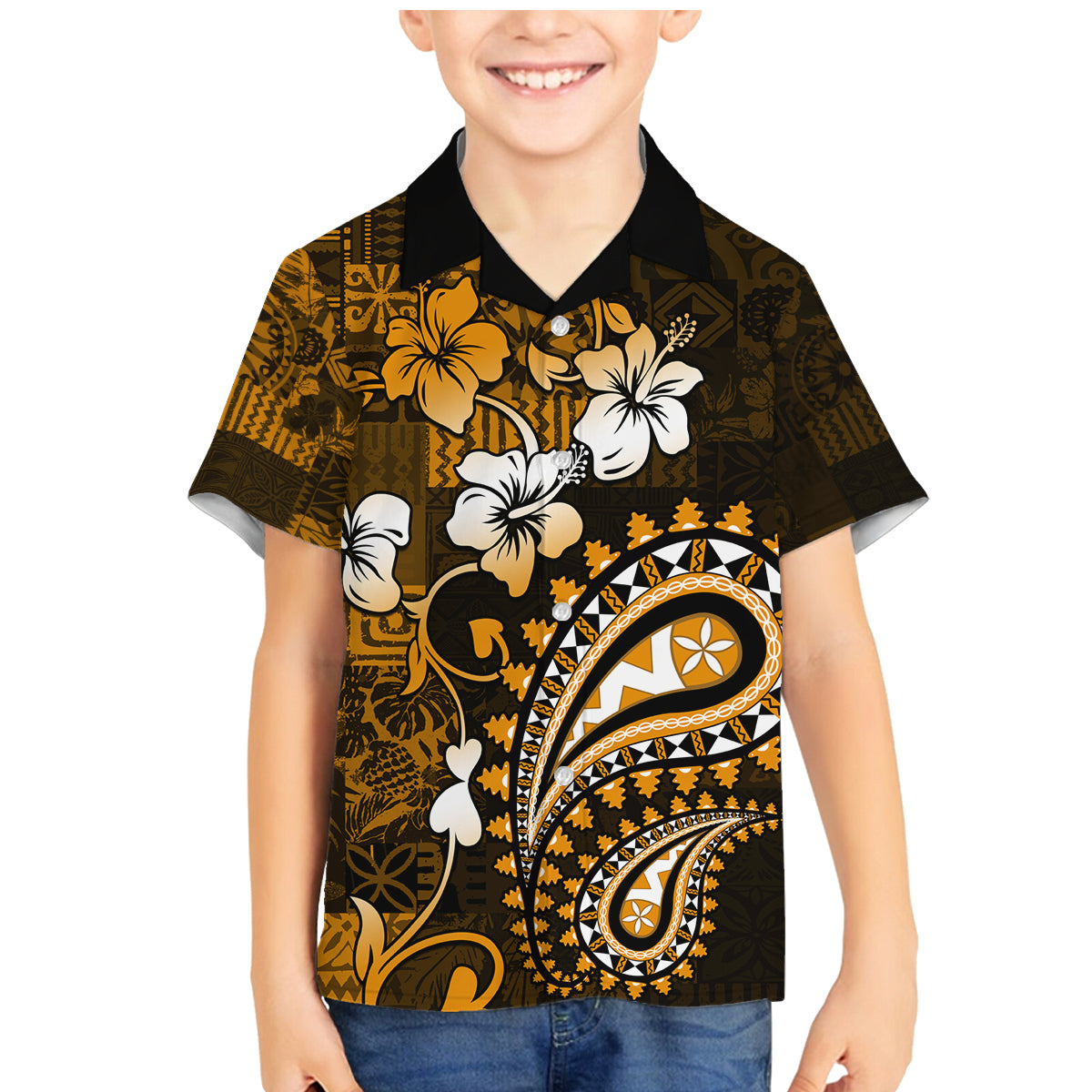 Fiji Masi Paisley With Hibiscus Tapa Family Matching Mermaid Dress and Hawaiian Shirt Gold Version LT01 Son's Shirt Gold - Polynesian Pride