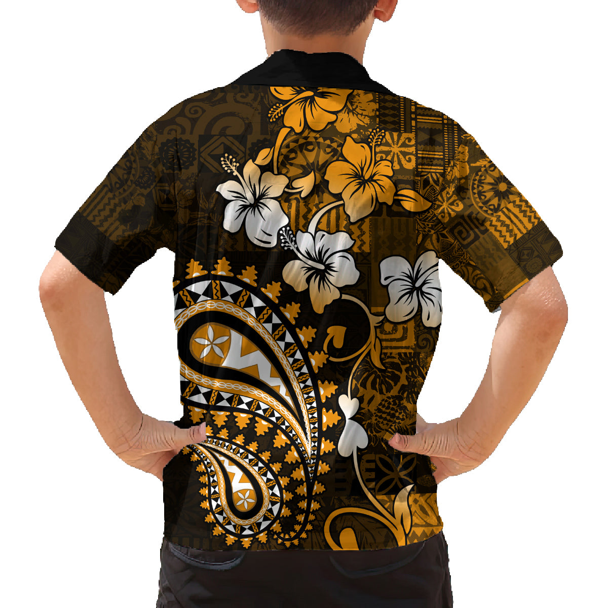 Fiji Masi Paisley With Hibiscus Tapa Family Matching Puletasi Dress and Hawaiian Shirt Gold Version LT01 - Polynesian Pride