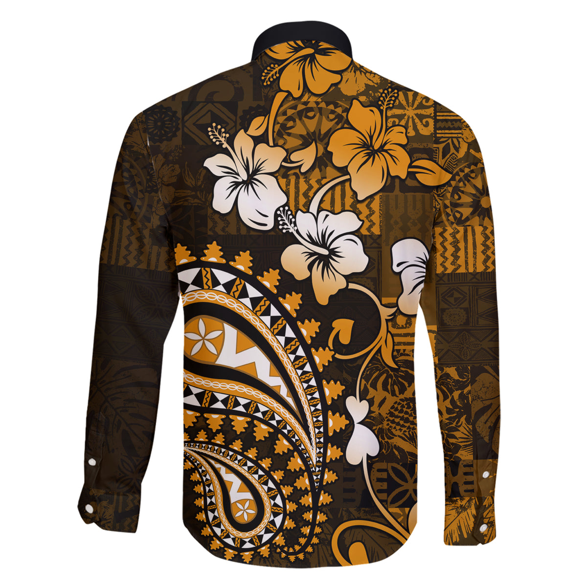 Fiji Masi Paisley With Hibiscus Tapa Family Matching Short Sleeve Bodycon Dress and Hawaiian Shirt Gold Version LT01 - Polynesian Pride