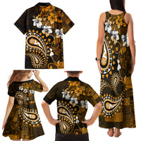 Fiji Masi Paisley With Hibiscus Tapa Family Matching Tank Maxi Dress and Hawaiian Shirt Gold Version LT01 - Polynesian Pride
