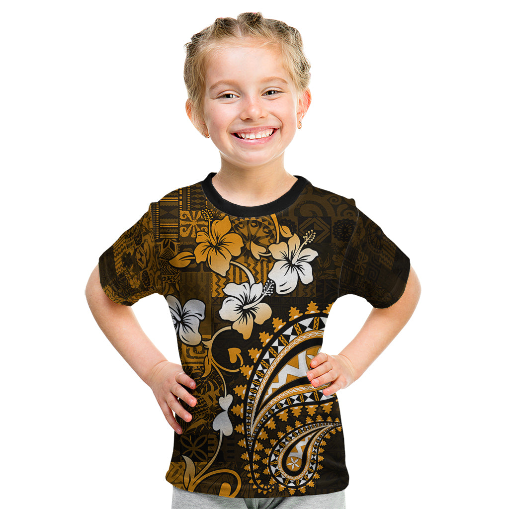 Fiji Masi Paisley With Hibiscus Tapa Kid T Shirt Gold Version LT01 Gold - Polynesian Pride