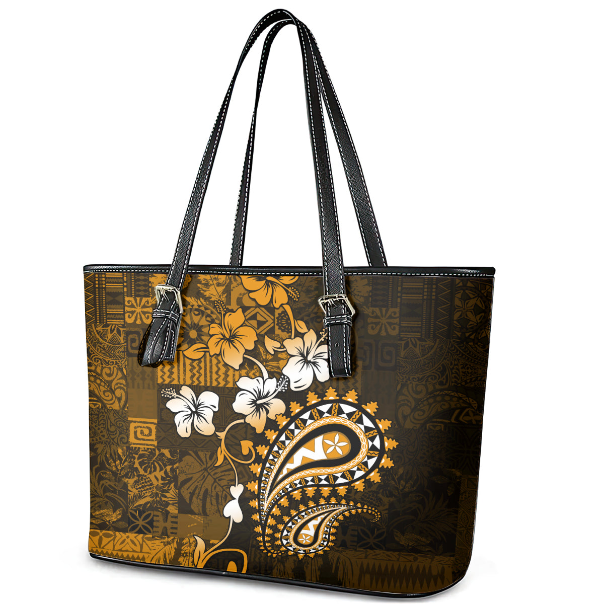 Fiji Masi Paisley With Hibiscus Tapa Leather Tote Bag Gold Version LT01 - Polynesian Pride