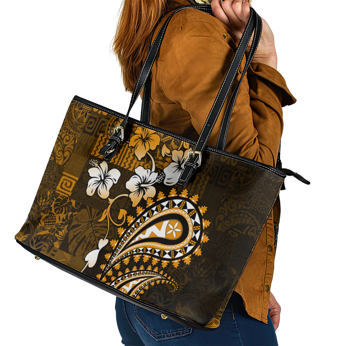 Fiji Masi Paisley With Hibiscus Tapa Leather Tote Bag Gold Version LT01 - Polynesian Pride