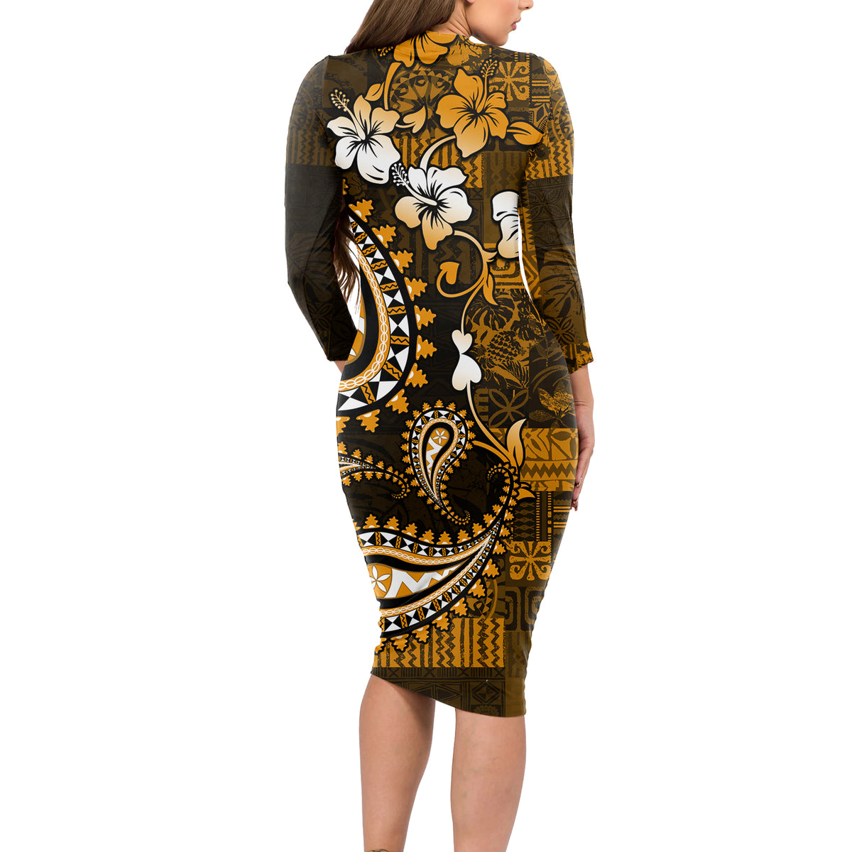 Fiji Masi Paisley With Hibiscus Tapa Long Sleeve Bodycon Dress Gold Version LT01 - Polynesian Pride