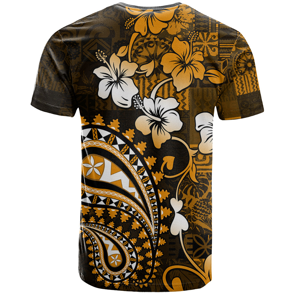Fiji Masi Paisley With Hibiscus Tapa T Shirt Gold Version LT01 - Polynesian Pride