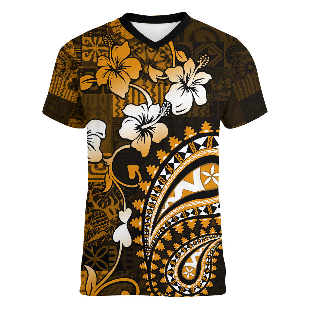 Fiji Masi Paisley With Hibiscus Tapa Women V Neck T Shirt Gold Version LT01 Female Gold - Polynesian Pride