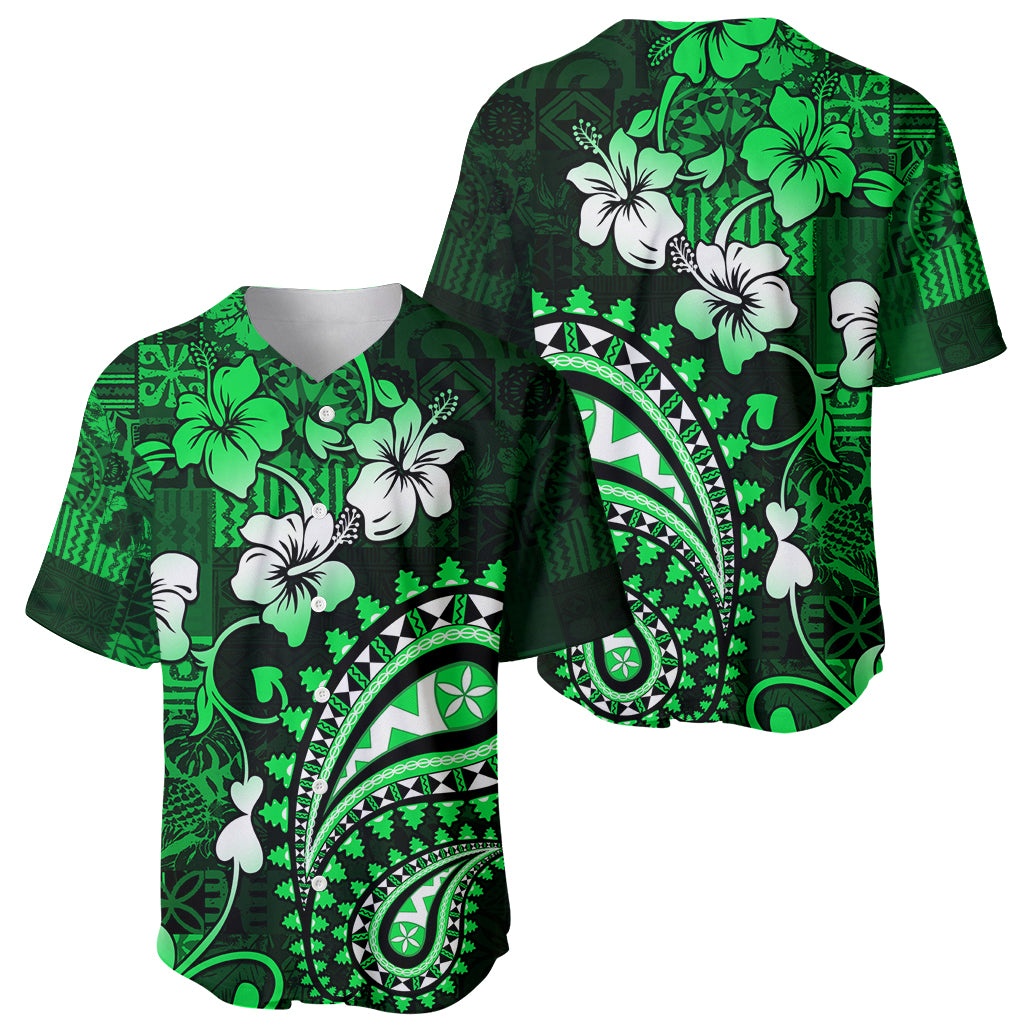 Fiji Masi Paisley With Hibiscus Tapa Baseball Jersey Green Version LT01 - Polynesian Pride