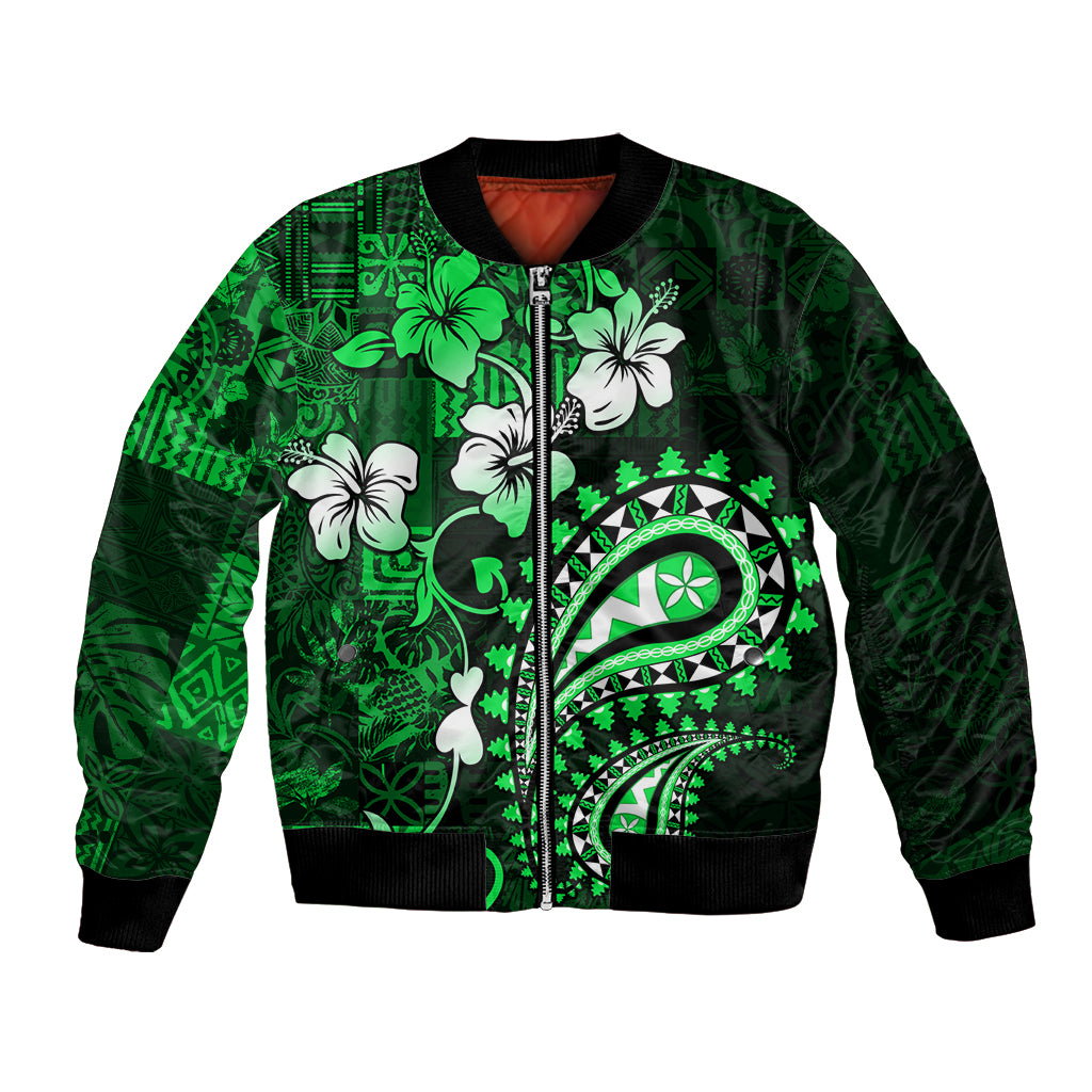 Fiji Masi Paisley With Hibiscus Tapa Bomber Jacket Green Version LT01 Unisex Green - Polynesian Pride