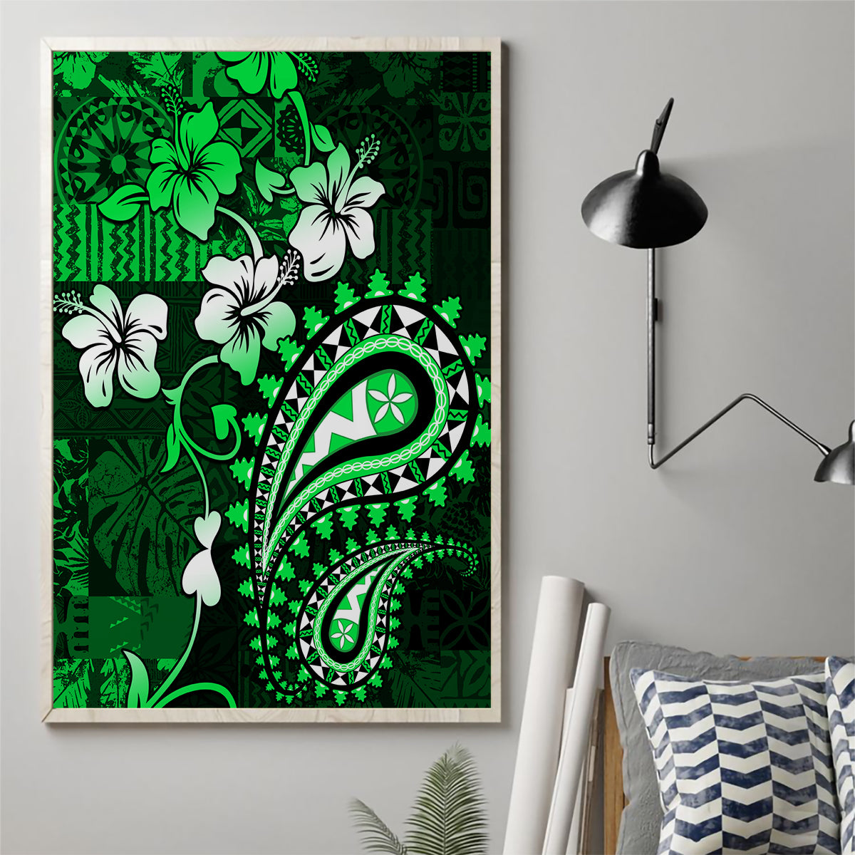 Fiji Masi Paisley With Hibiscus Tapa Canvas Wall Art Green Version LT01 - Polynesian Pride
