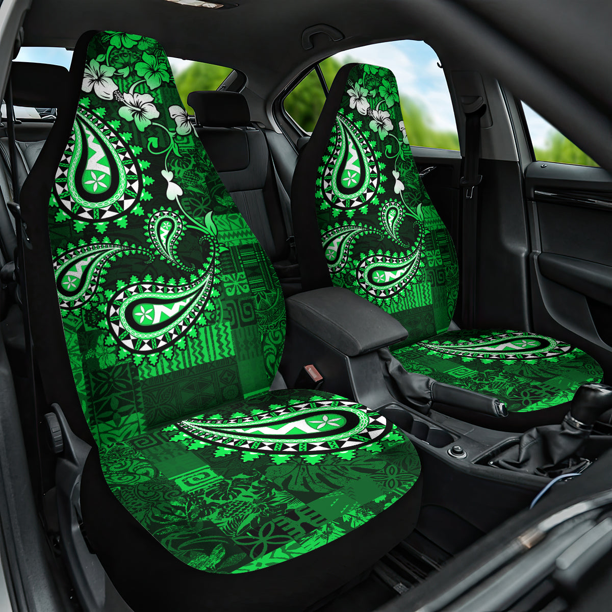 Fiji Masi Paisley With Hibiscus Tapa Car Seat Cover Green Version LT01 One Size Green - Polynesian Pride
