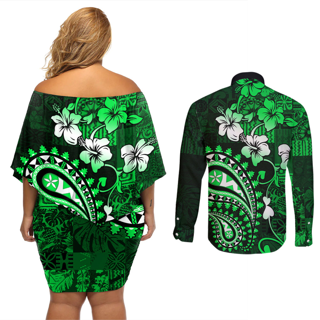 Fiji Masi Paisley With Hibiscus Tapa Couples Matching Off Shoulder Short Dress and Long Sleeve Button Shirt Green Version LT01 - Polynesian Pride