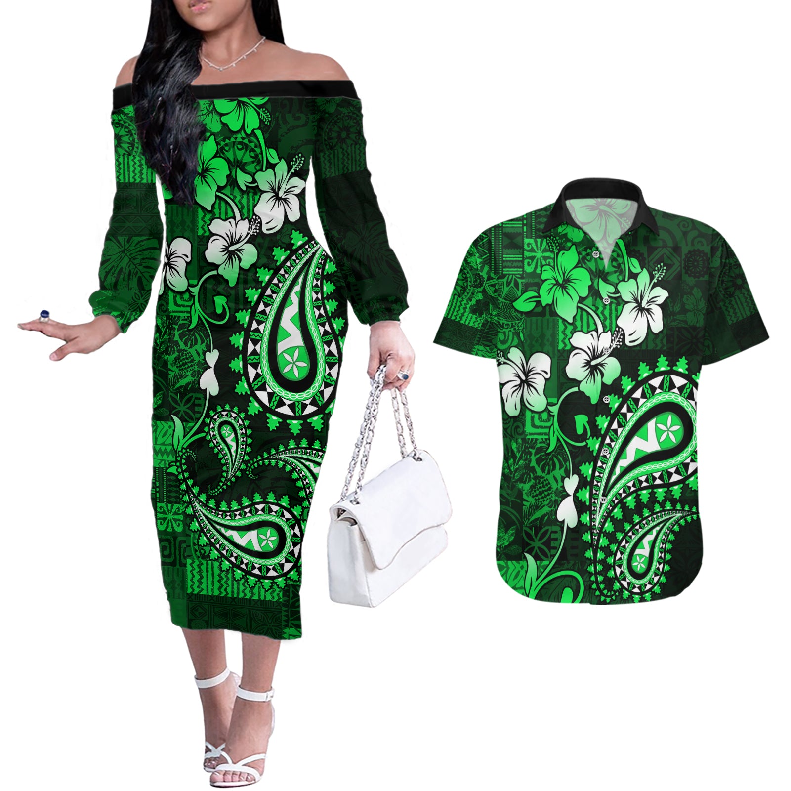 Fiji Masi Paisley With Hibiscus Tapa Couples Matching Off The Shoulder Long Sleeve Dress and Hawaiian Shirt Green Version LT01 Green - Polynesian Pride