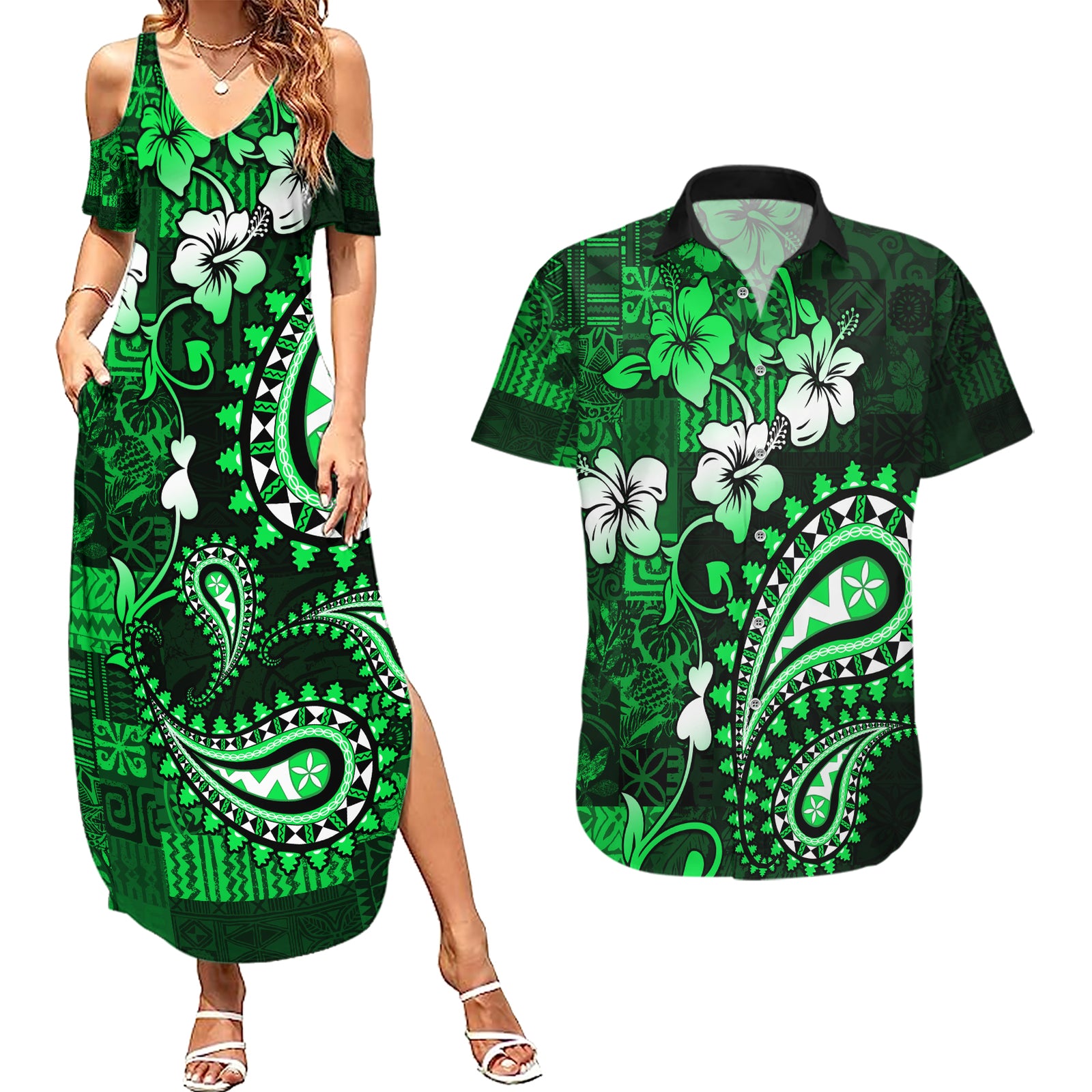 Fiji Masi Paisley With Hibiscus Tapa Couples Matching Summer Maxi Dress and Hawaiian Shirt Green Version LT01 Green - Polynesian Pride