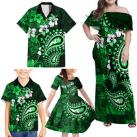 Fiji Masi Paisley With Hibiscus Tapa Family Matching Off Shoulder Maxi Dress and Hawaiian Shirt Green Version LT01 - Polynesian Pride