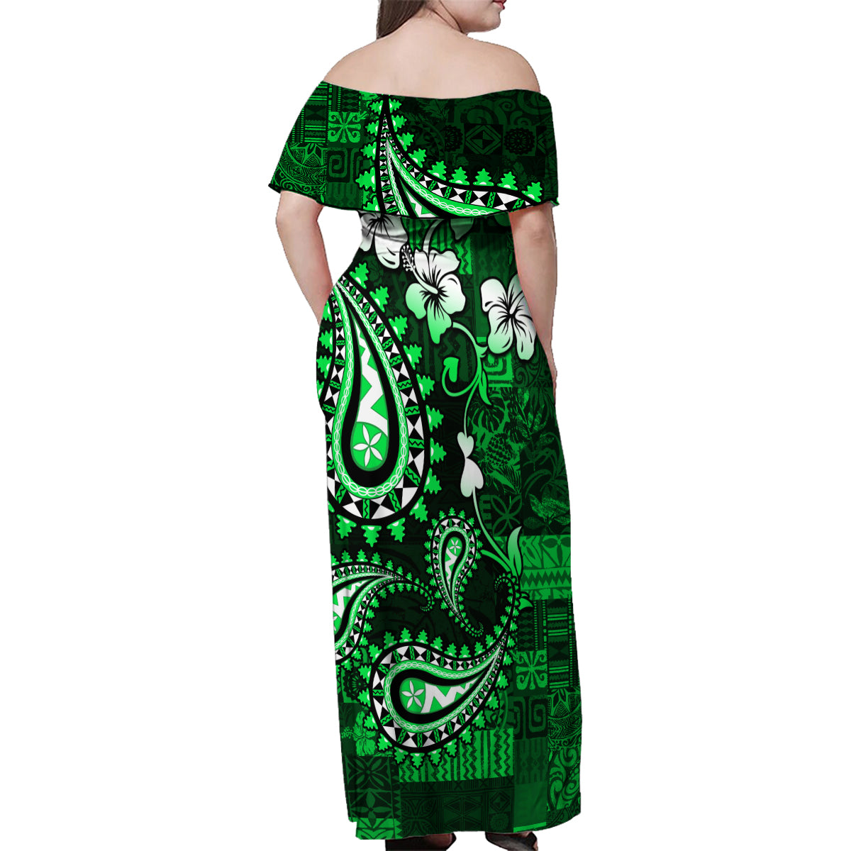 Fiji Masi Paisley With Hibiscus Tapa Family Matching Off Shoulder Maxi Dress and Hawaiian Shirt Green Version LT01 - Polynesian Pride