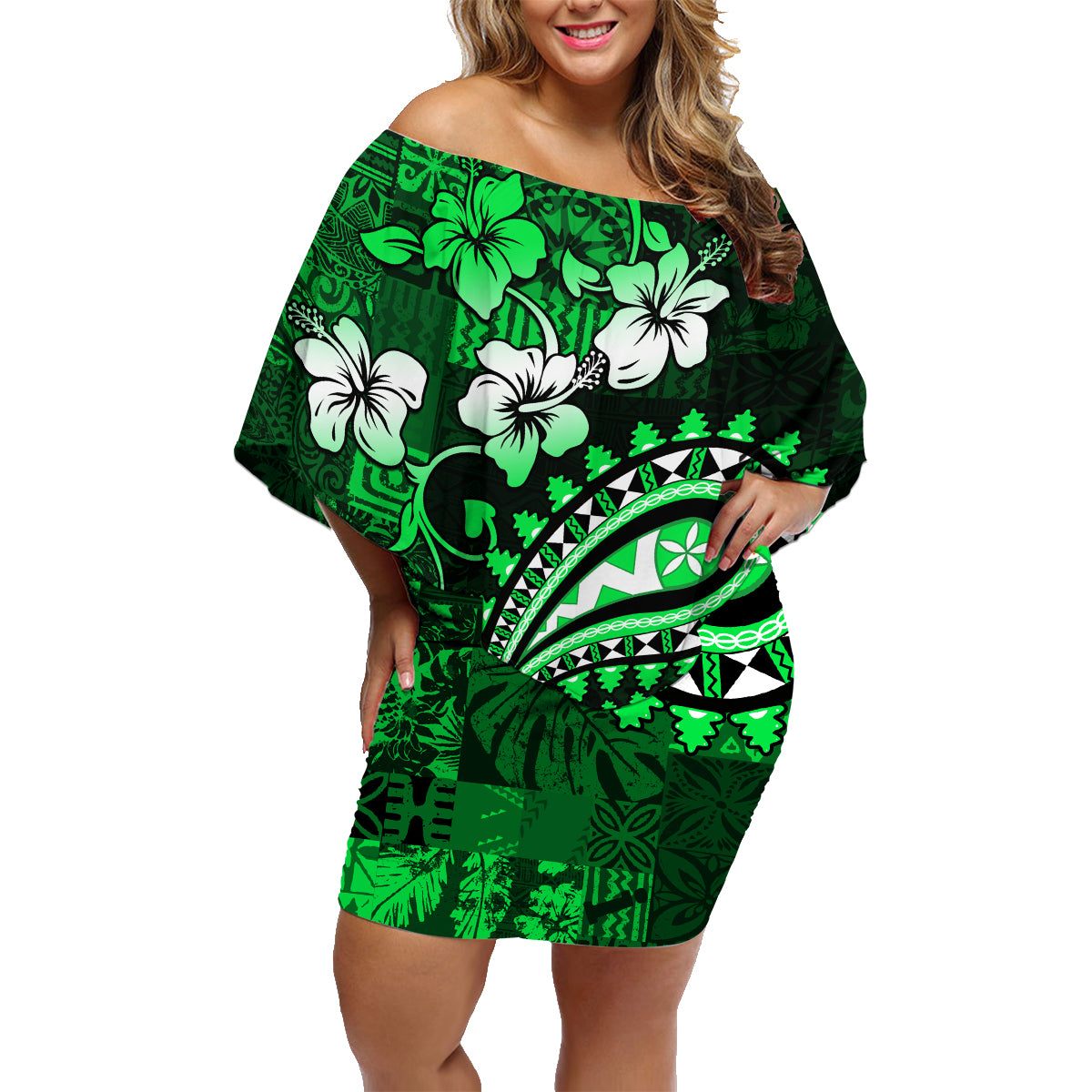 Fiji Masi Paisley With Hibiscus Tapa Family Matching Off Shoulder Short Dress and Hawaiian Shirt Green Version LT01 Mom's Dress Green - Polynesian Pride