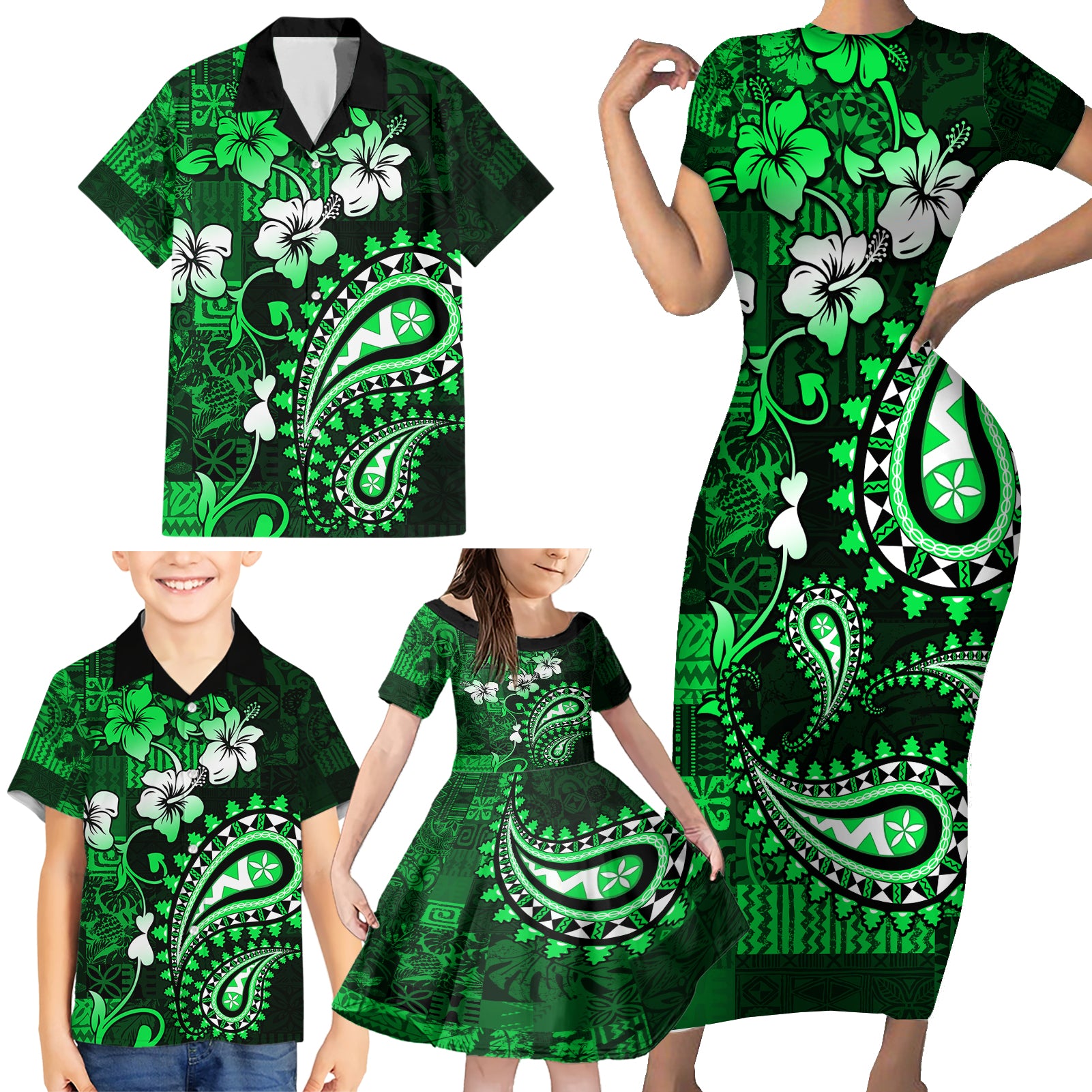 Fiji Masi Paisley With Hibiscus Tapa Family Matching Short Sleeve Bodycon Dress and Hawaiian Shirt Green Version LT01 - Polynesian Pride