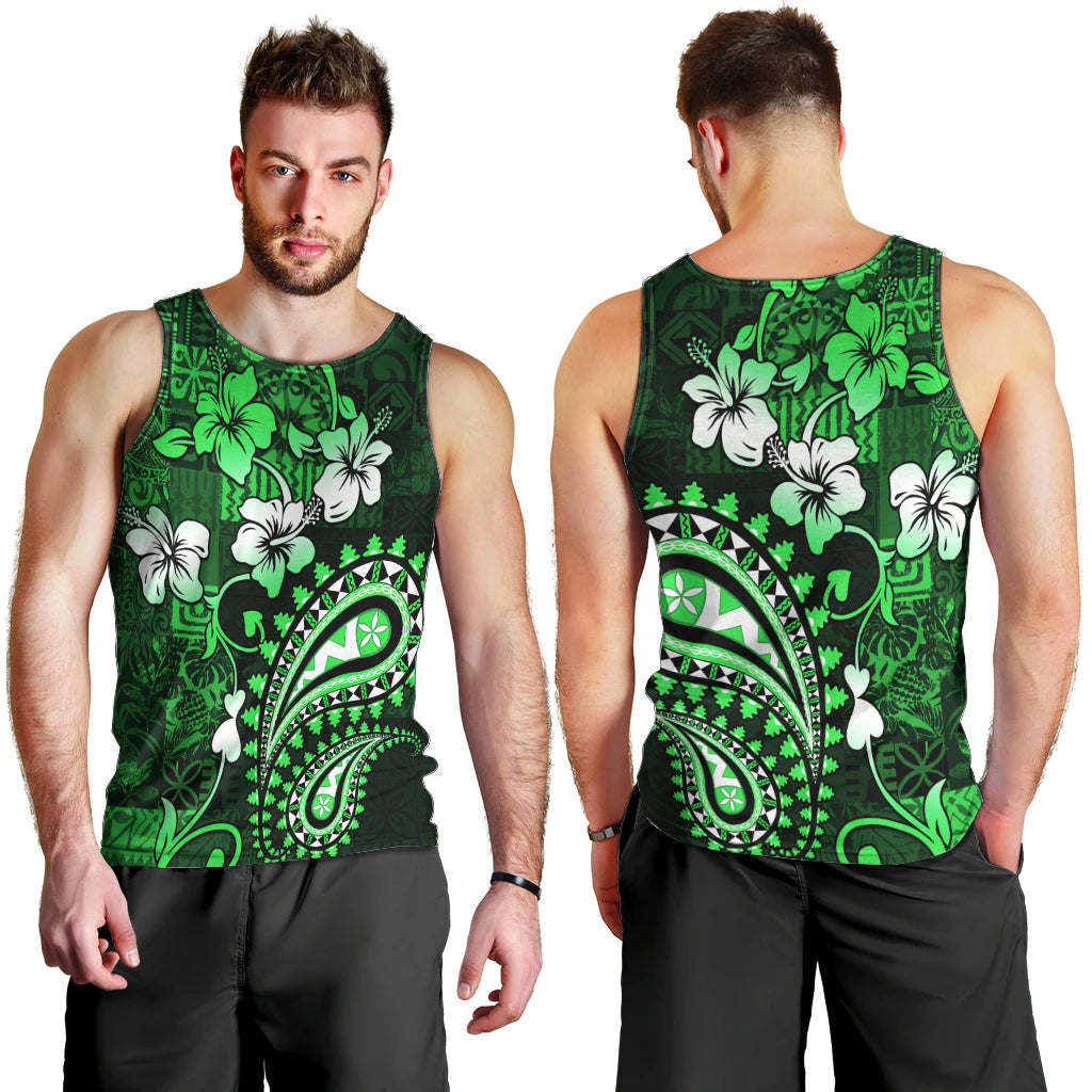 Fiji Masi Paisley With Hibiscus Tapa Men Tank Top Green Version LT01 - Polynesian Pride