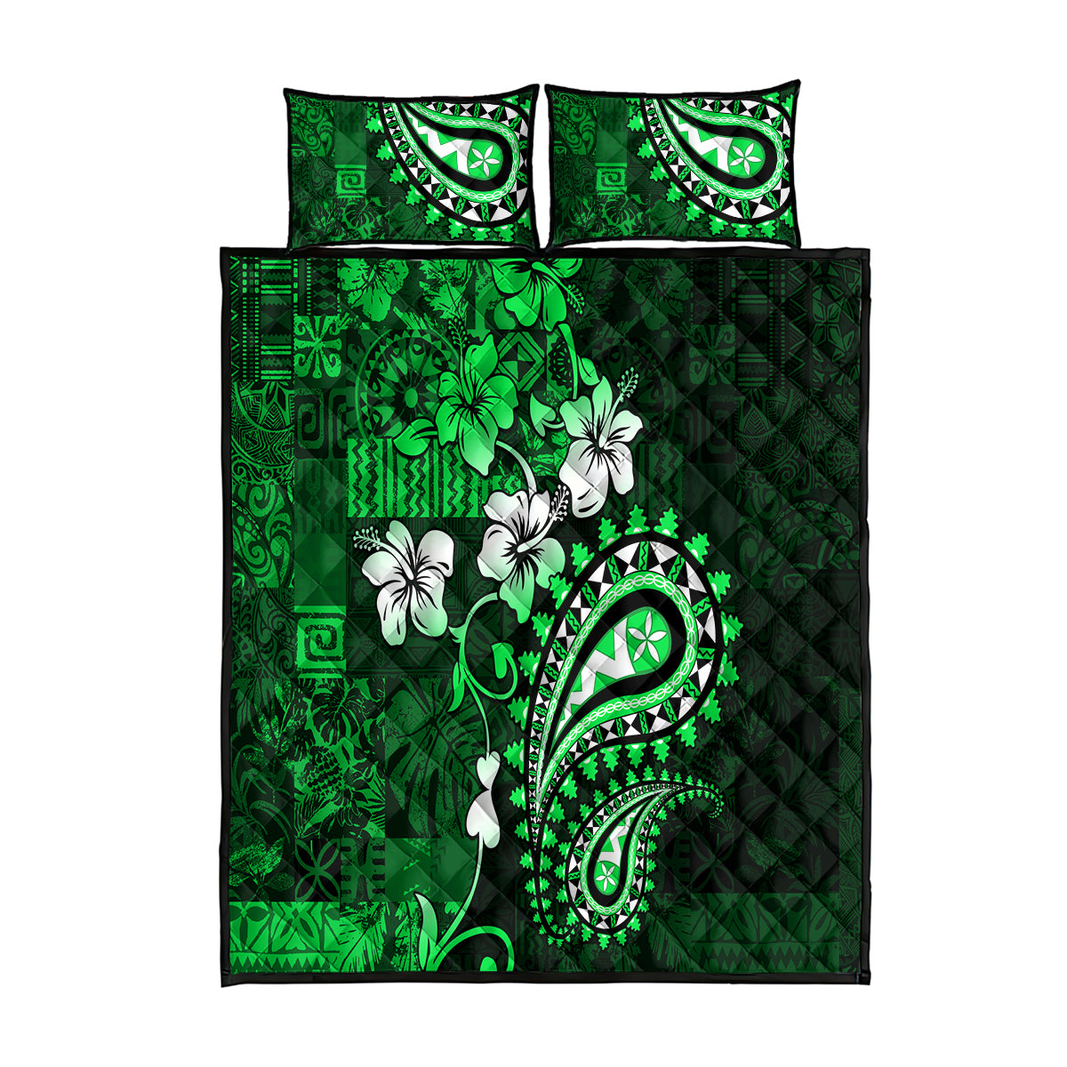 Fiji Masi Paisley With Hibiscus Tapa Quilt Bed Set Green Version LT01 Green - Polynesian Pride