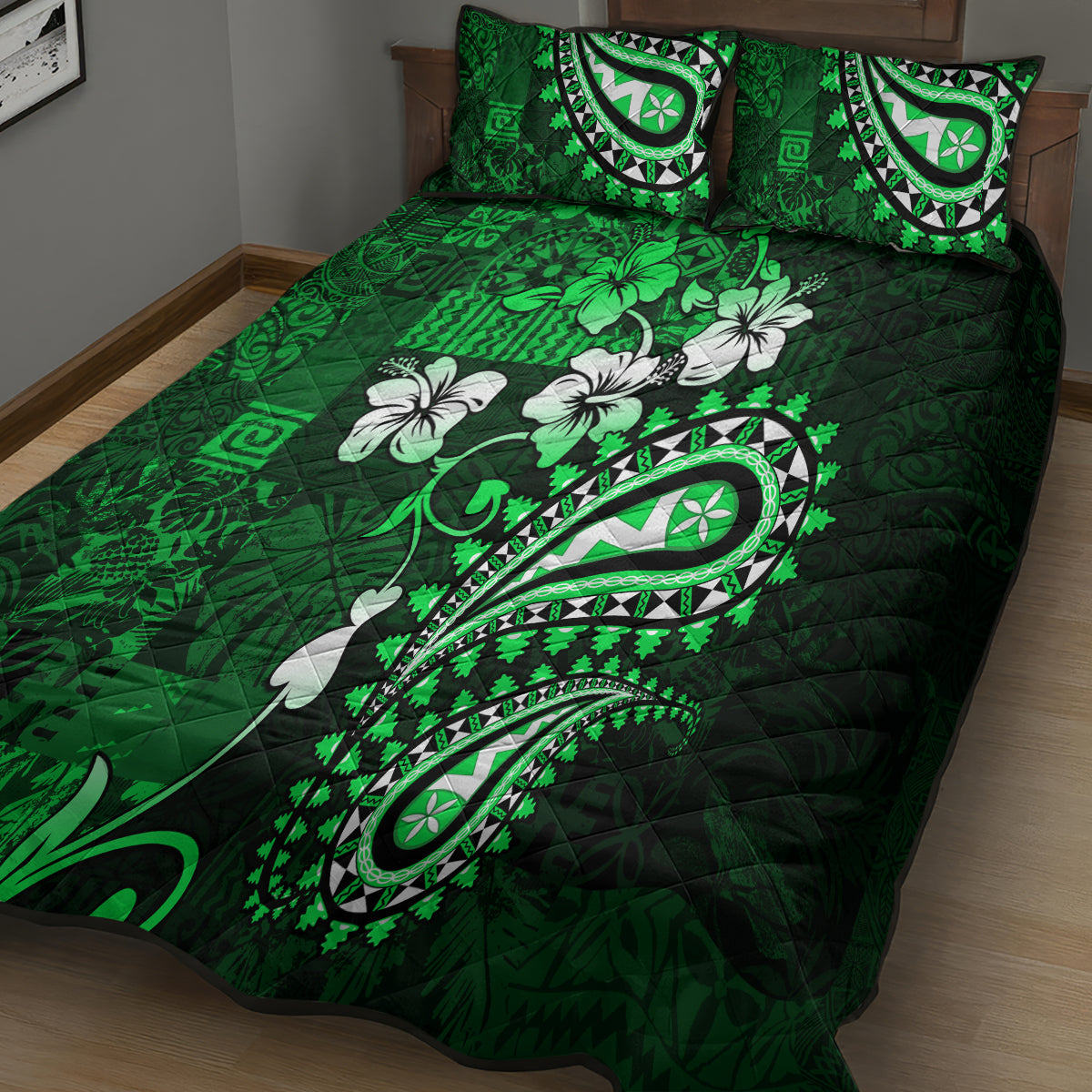 Fiji Masi Paisley With Hibiscus Tapa Quilt Bed Set Green Version LT01 - Polynesian Pride