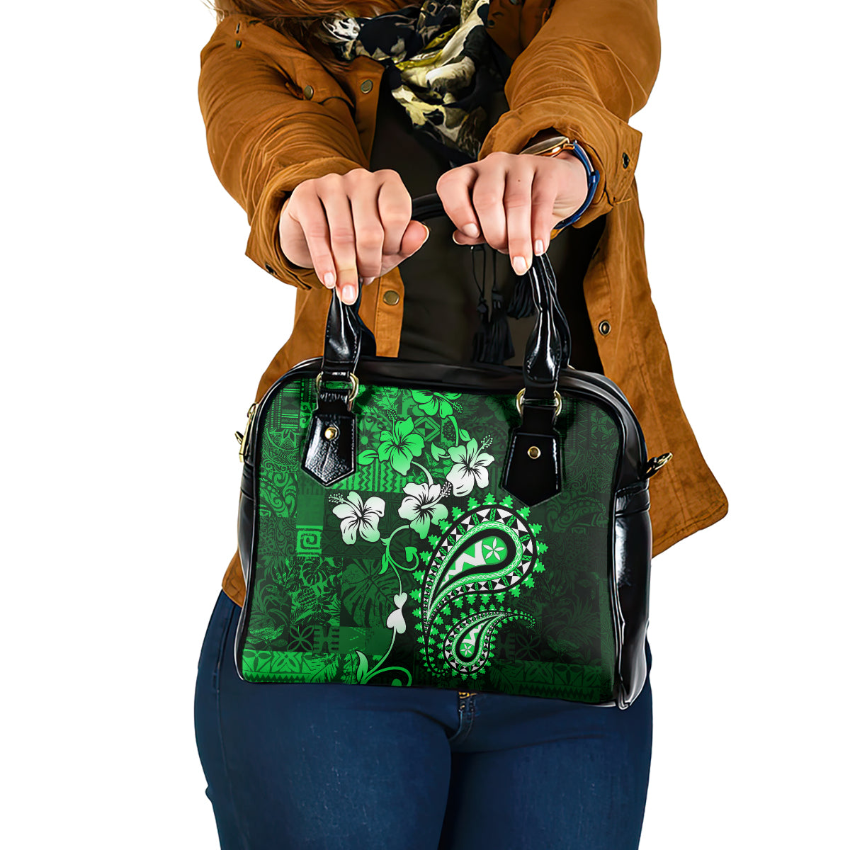 Fiji Masi Paisley With Hibiscus Tapa Shoulder Handbag Green Version LT01 One Size Green - Polynesian Pride