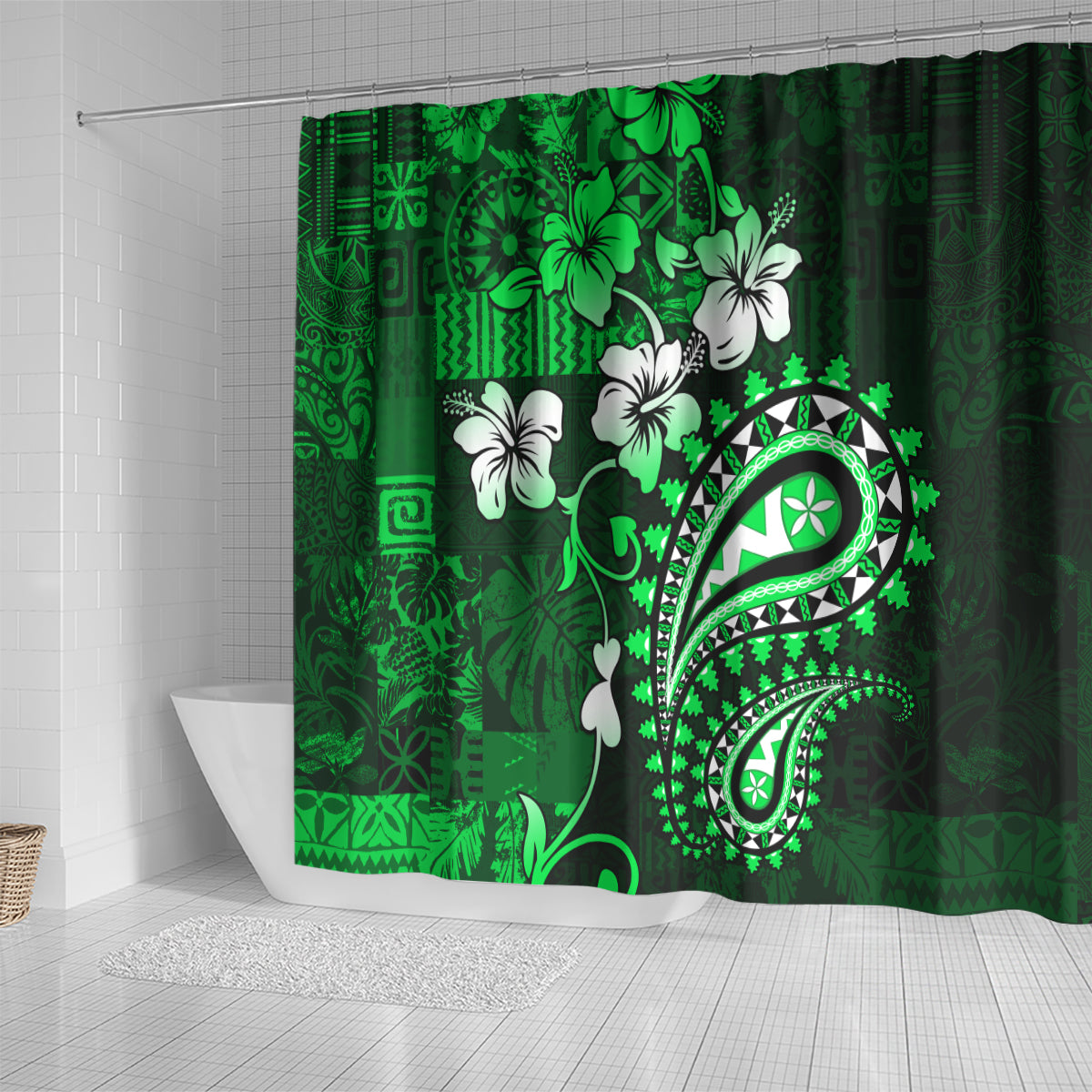 Fiji Masi Paisley With Hibiscus Tapa Shower Curtain Green Version LT01 - Polynesian Pride