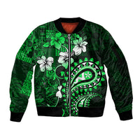 Fiji Masi Paisley With Hibiscus Tapa Sleeve Zip Bomber Jacket Green Version LT01 Unisex Green - Polynesian Pride
