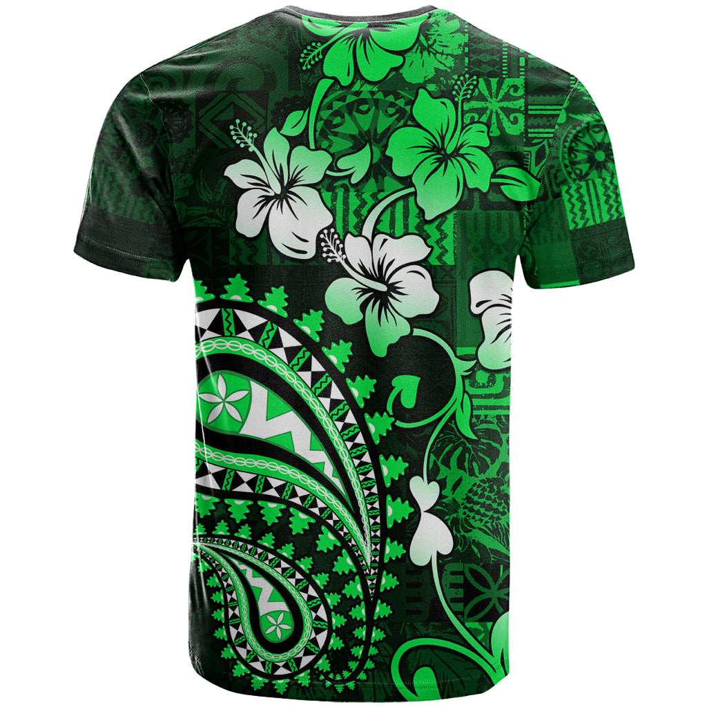 Fiji Masi Paisley With Hibiscus Tapa T Shirt Green Version LT01 - Polynesian Pride